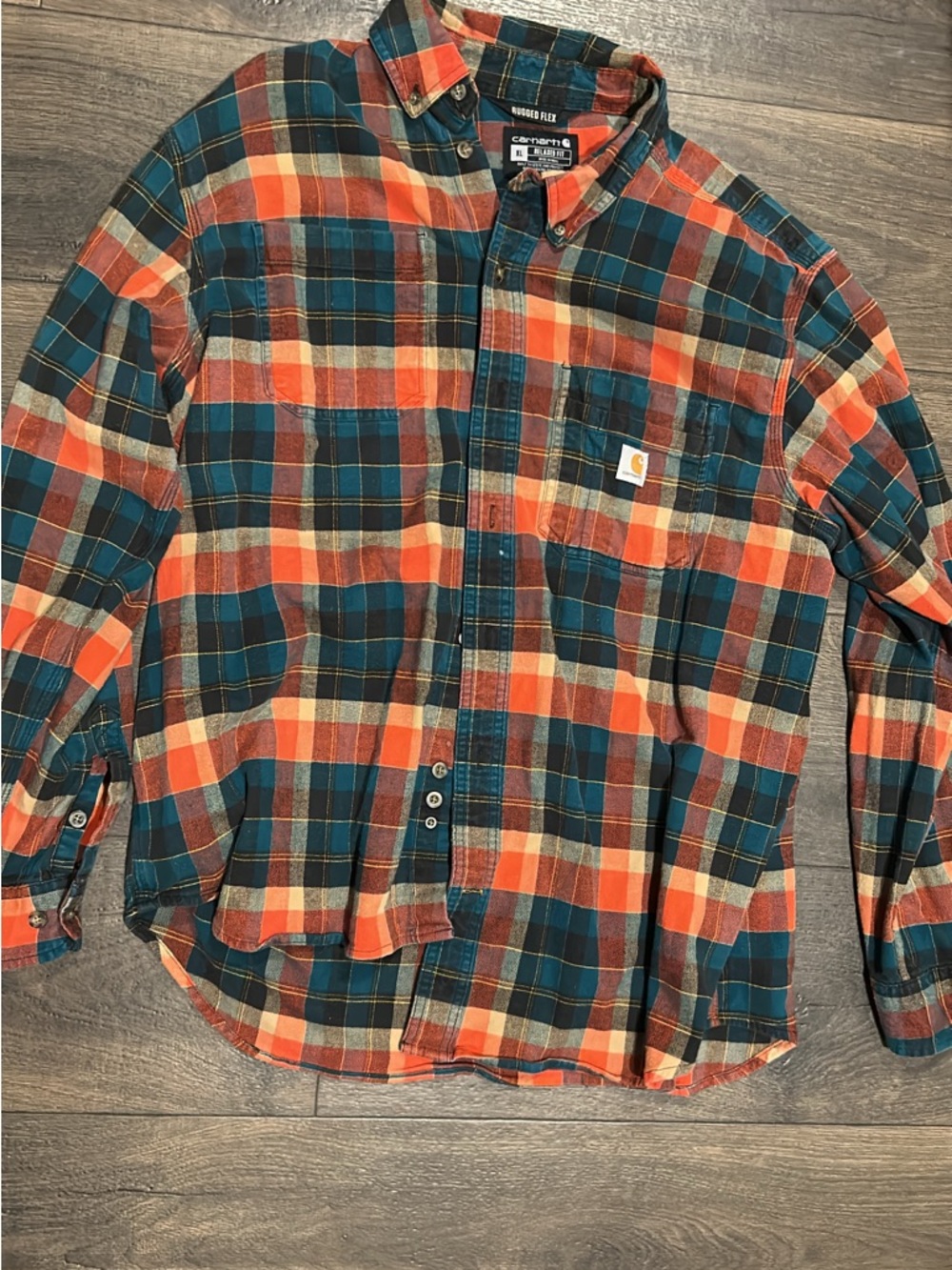 Carhartt Men’s Teal, Orange & Cream Plaid Button-Down Shirt